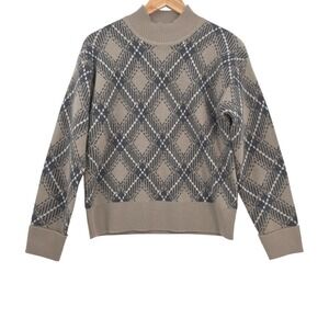 Oats Cashmere Womens XS Oversized Taupe Gray Plaid Cashmere Mock Neck Sweater